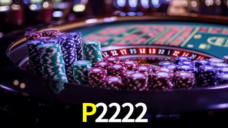 Una escena digital vívida inspirada en casino con P2222 mostrado prominentemente, luces brillantes, fichas, cartas y acentos dorados.